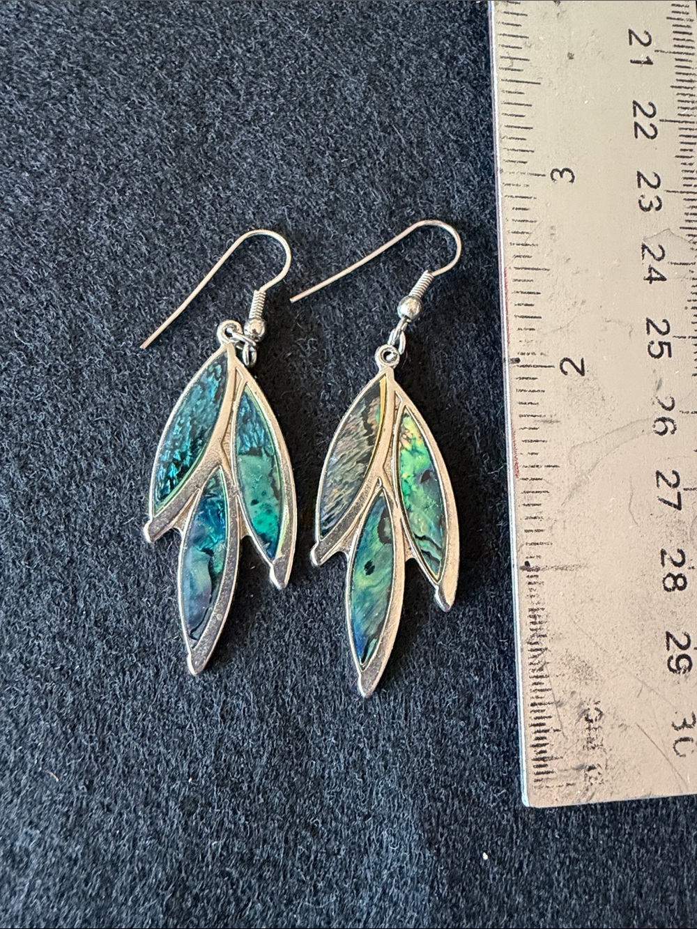 Silver Leaf Dangle Earrings with Beautiful Green-Blue Abalone Inlay